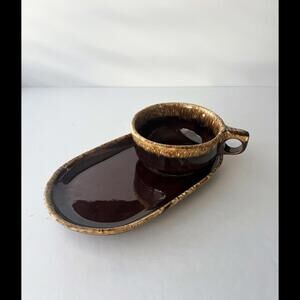 Hull Pottery Ovenproof Brown Drip Ceramic Soup Mug w/ Plate Soup & Sandwich Set